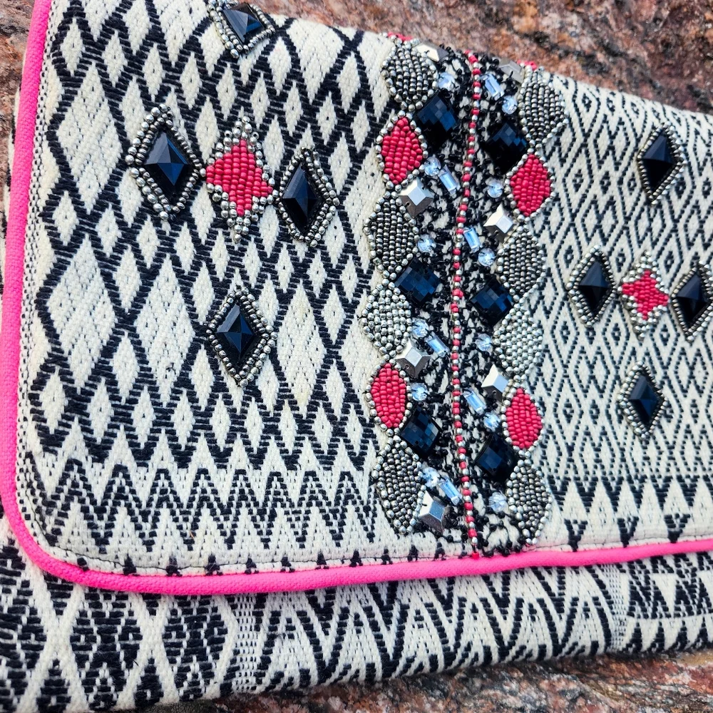 Angie Beaded Clutch Crossbody Tribal Aztec Pattern Pink Trim Chain Strap Boho